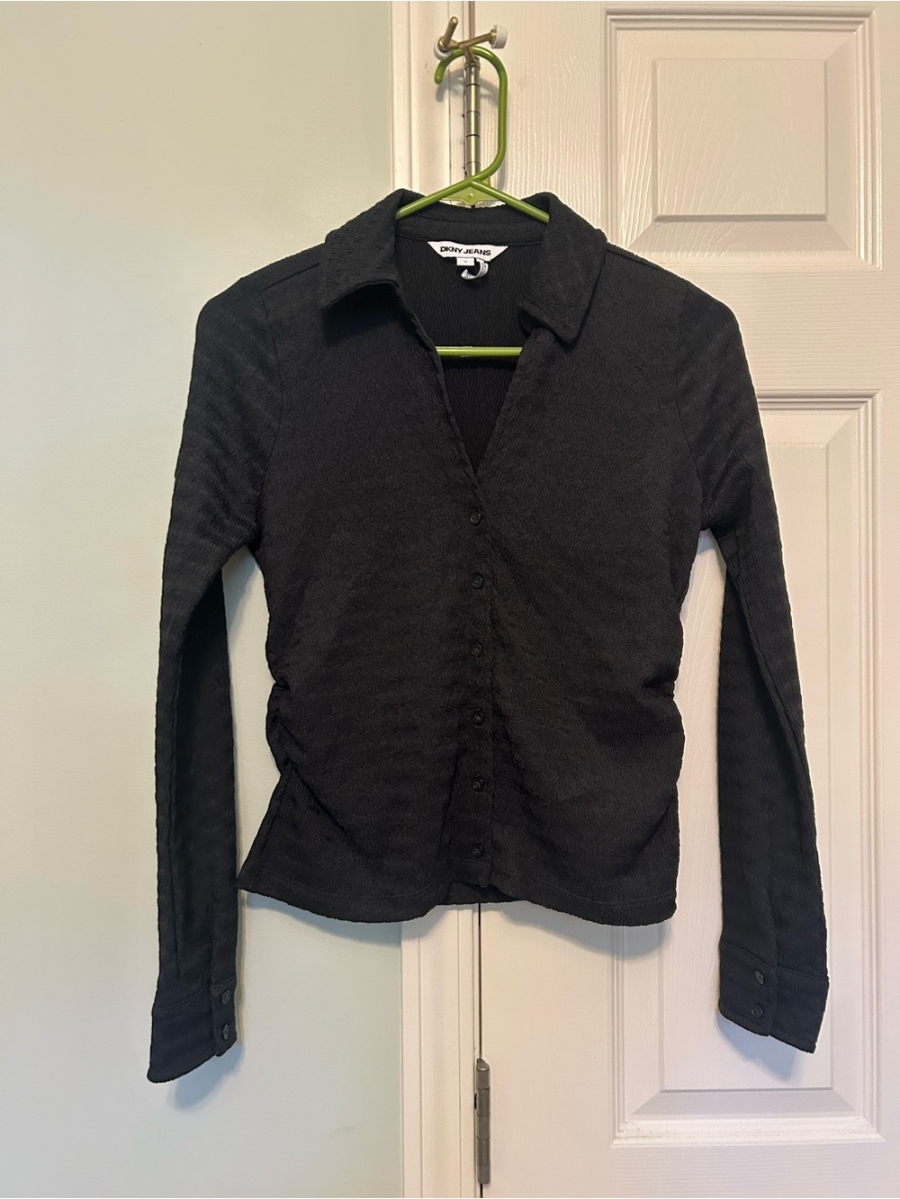 DKNY Jeans Black Textured Knit Button-Up Top